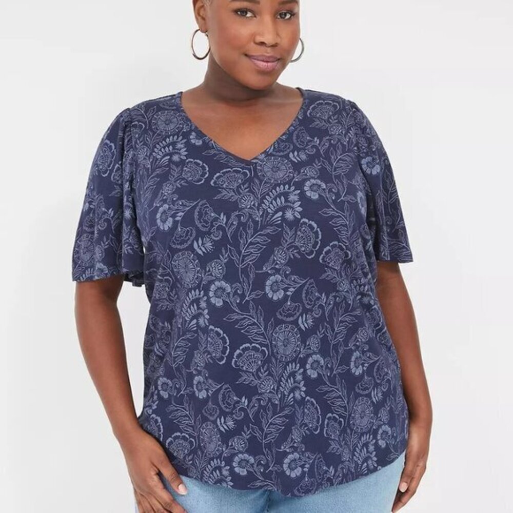 "NWT" Lane Bryant Flutter-Sleeve V-Neck Top- Tonal Navy Floral- Size 26/28
